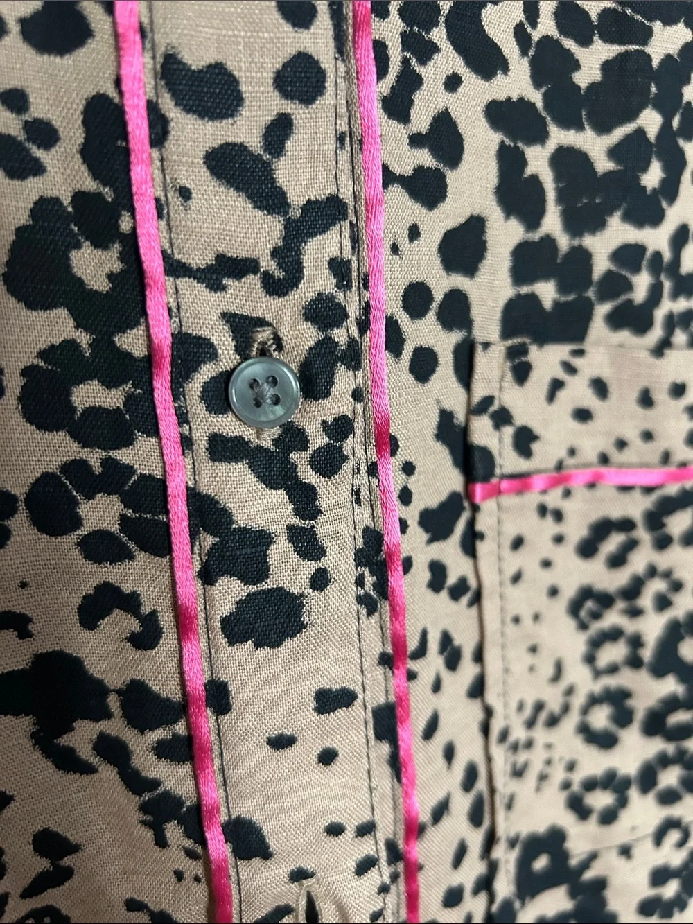 J. Crew Tan and Black Leopard Print Shirt with Pink Trim